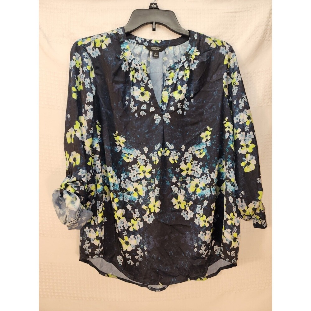 Simply Vera Wang Tunic Med Black Green Blue Floral Print Roll Tab Sleeve Henley